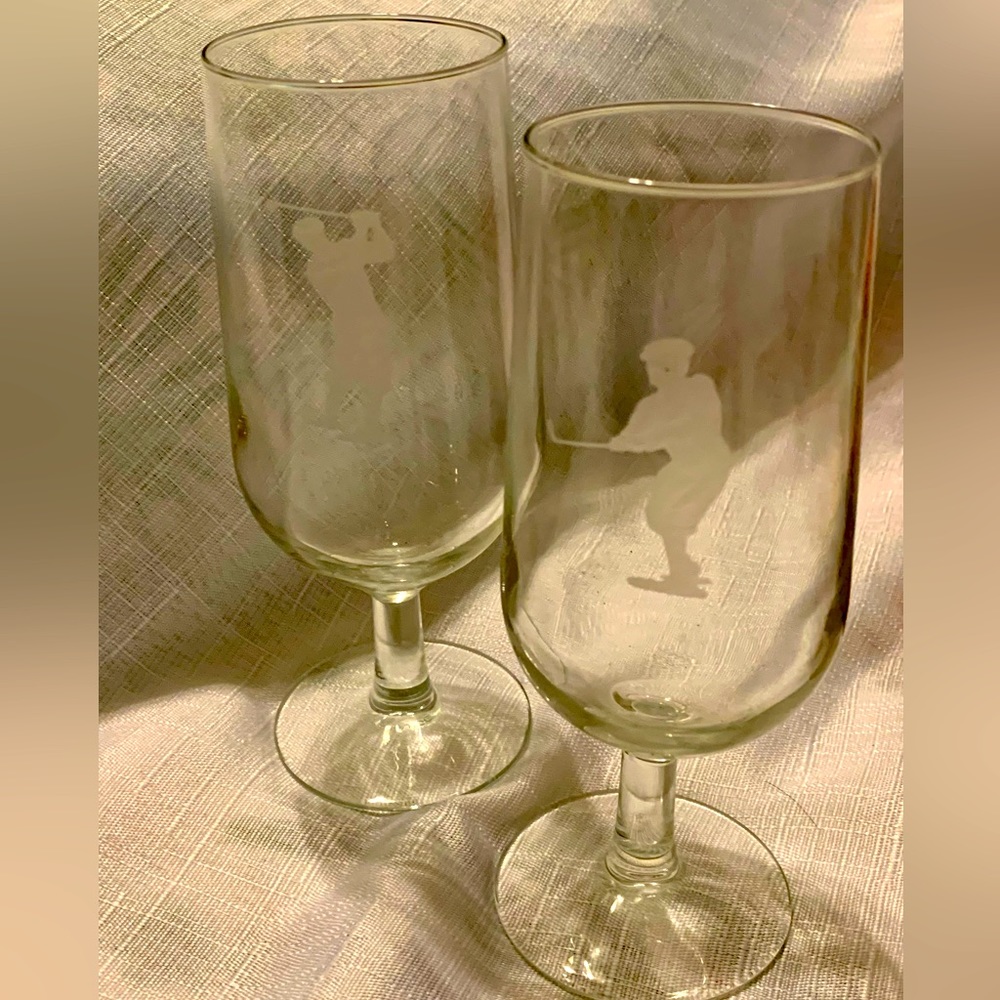 Vintage Goblets Etched Golfers Clear Water Ice Tea For Gift Set of 2 Stemware